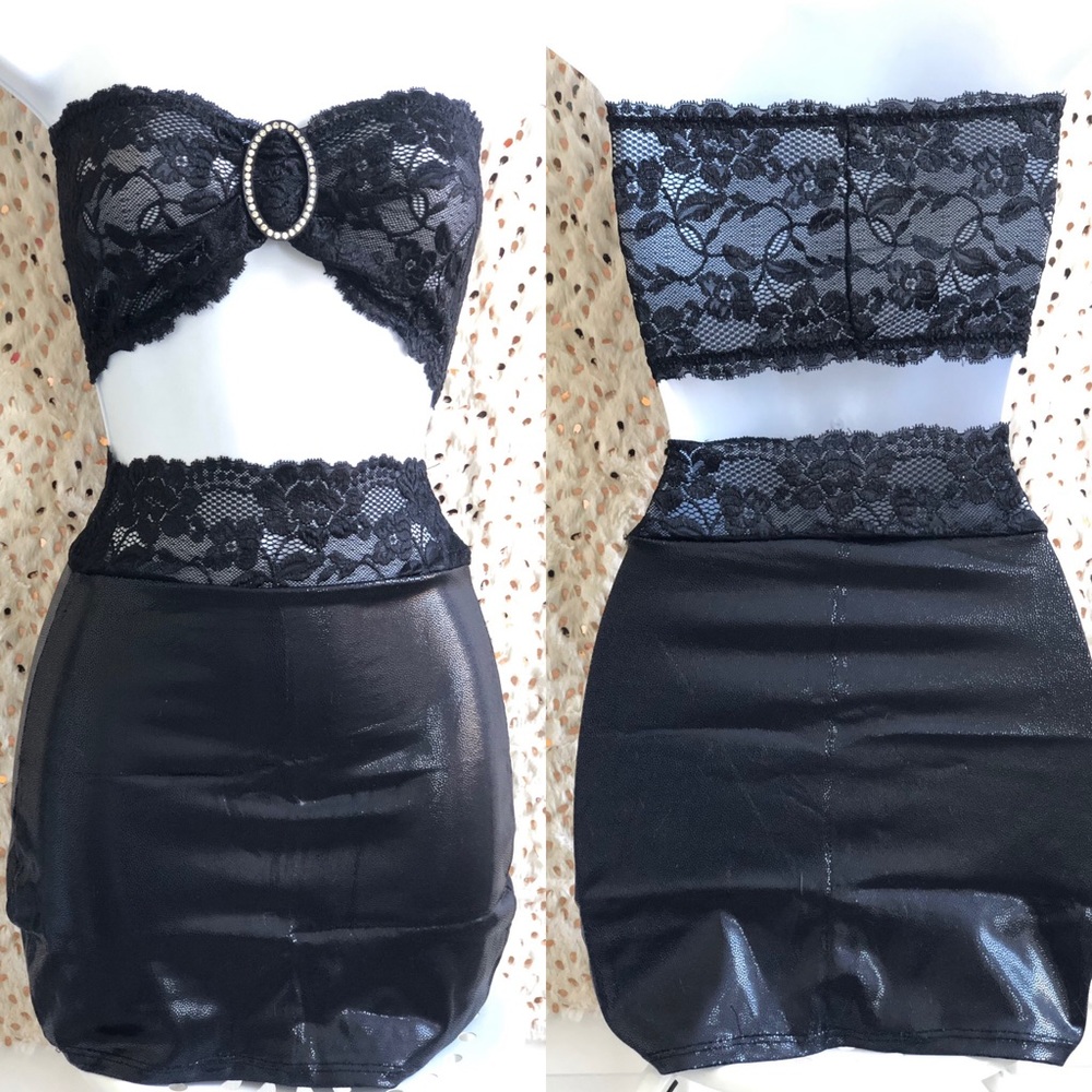 New 2 piece 🖤Black🖤Faux Leather High Waist Skirt Set w/Rhinestone Accent